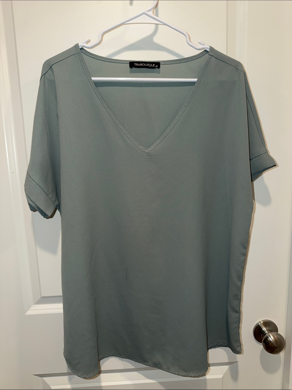 Sage Green V-Neck Short Sleeve Top